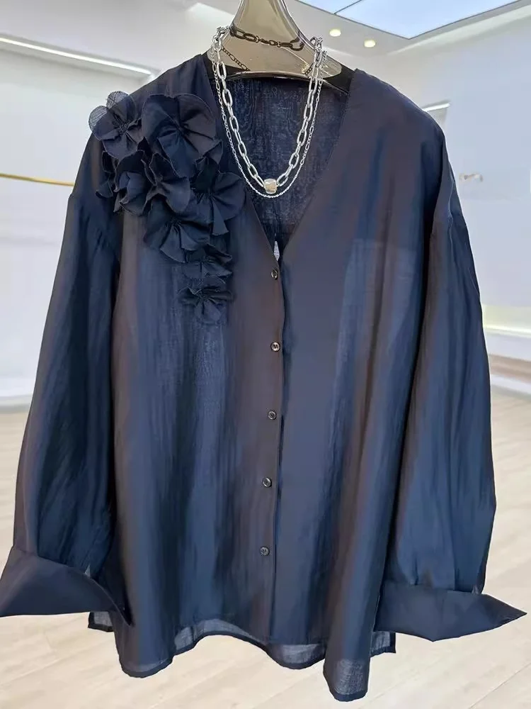 

plus Size 300 Pou Women's irt V-ne Long Sve 3D Flower Decorated Loose Fit Faionable Top for plus Size Women