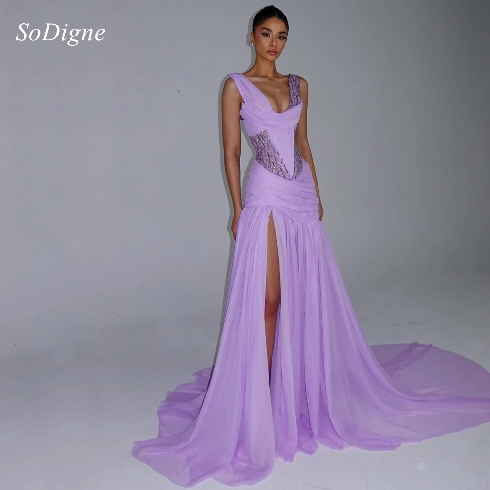 SoDigne Sexy Low Cut-Out Chiffon Evening Dress Pleat V-Neck Sequined Party Dress Elegant High Slit A-Line Prom Gowns Customized