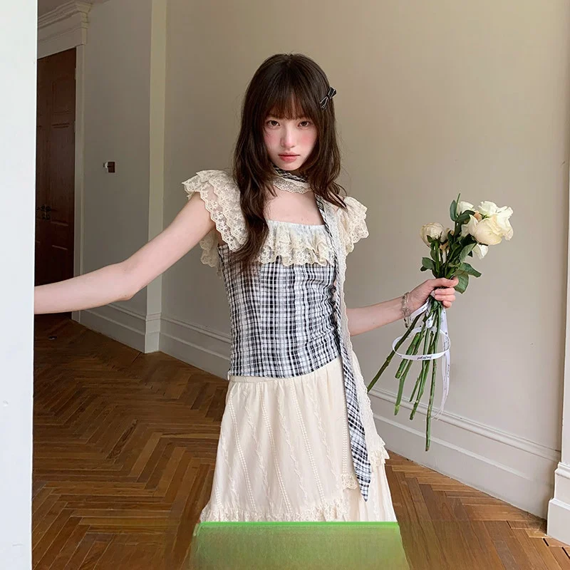 

Stunning Vintage Bla White Plaid Asymmetric Women's Dr Set Summer Regular Fit Cotton ort Sve T-irt Sle