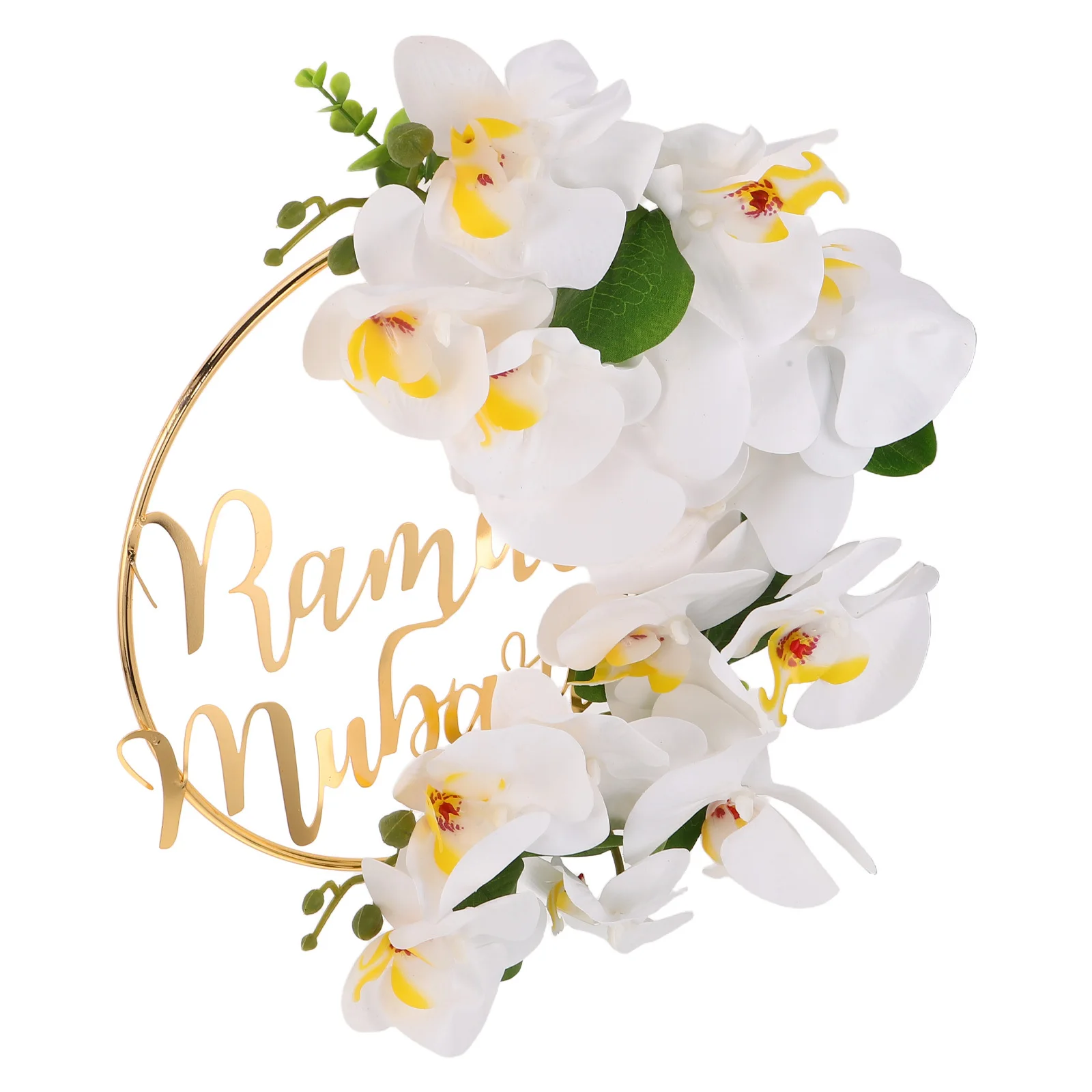 

Handmade Eid Mubarak Wreath for Front Door, White Rose Floral Hoop Artificial Decorative Wreath for Holiday Eid and Ramadan Home