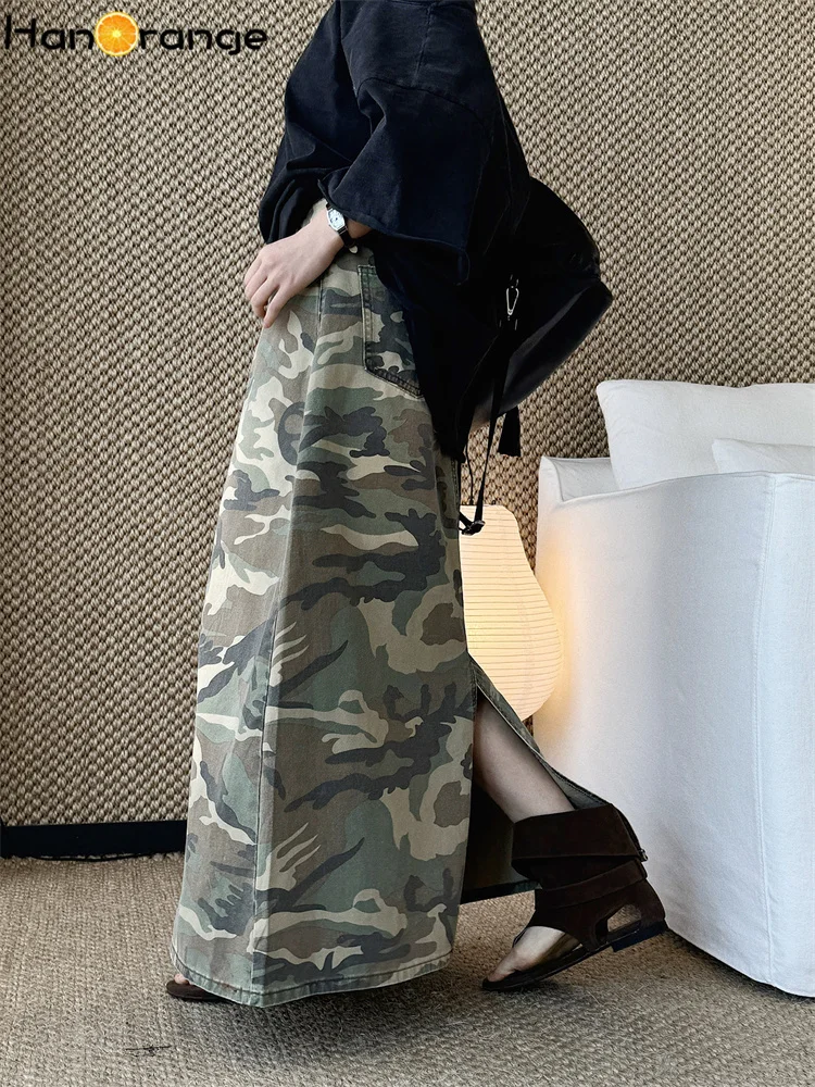 HanOrange 2026 Spring/Summer Retro Workwear Style Camouflage Patchwork Denim Skirt Loose Trendy Long Skirt Camo Color