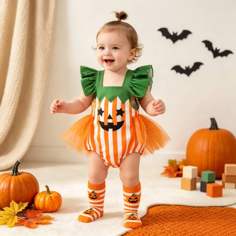 2026 Baby Halloween Pumpkin Splicing Striped Mesh Cute Western Style Flying Sleeve Climbing Dress
