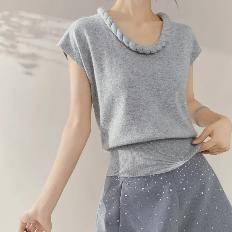 

Элегантный дизайн во французском стиле ретро, серый кашемировый вязаный жилет, женский модный вязаный крючком свитер с цветочным воротником, майка, повседневный пуловер, трикотаж