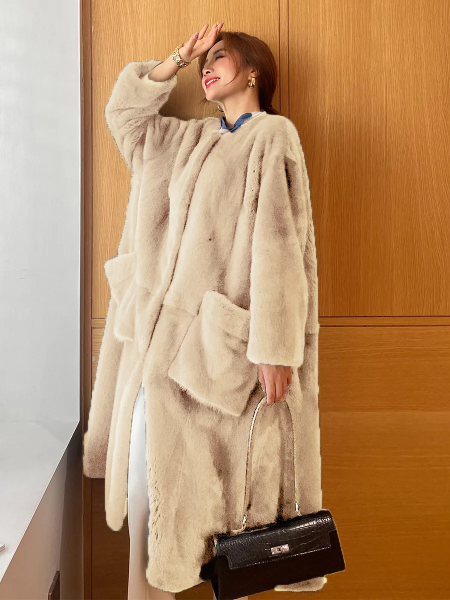 Women Faux Fur Coats Mid Length Fur Jackets Pocket Round Y2k Neck Long Sleeves Thick Warm Fur Loose Casual 2025 Autumn Winter