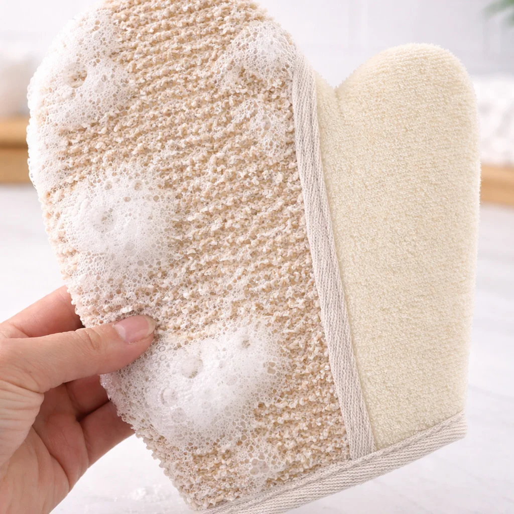 Premium Double-Sided Bathing Mitt - Rough Exfoliator & Gentle Terry Cloth – with Bamboo Draining Dish - Eco-friendly Skin Care view 6