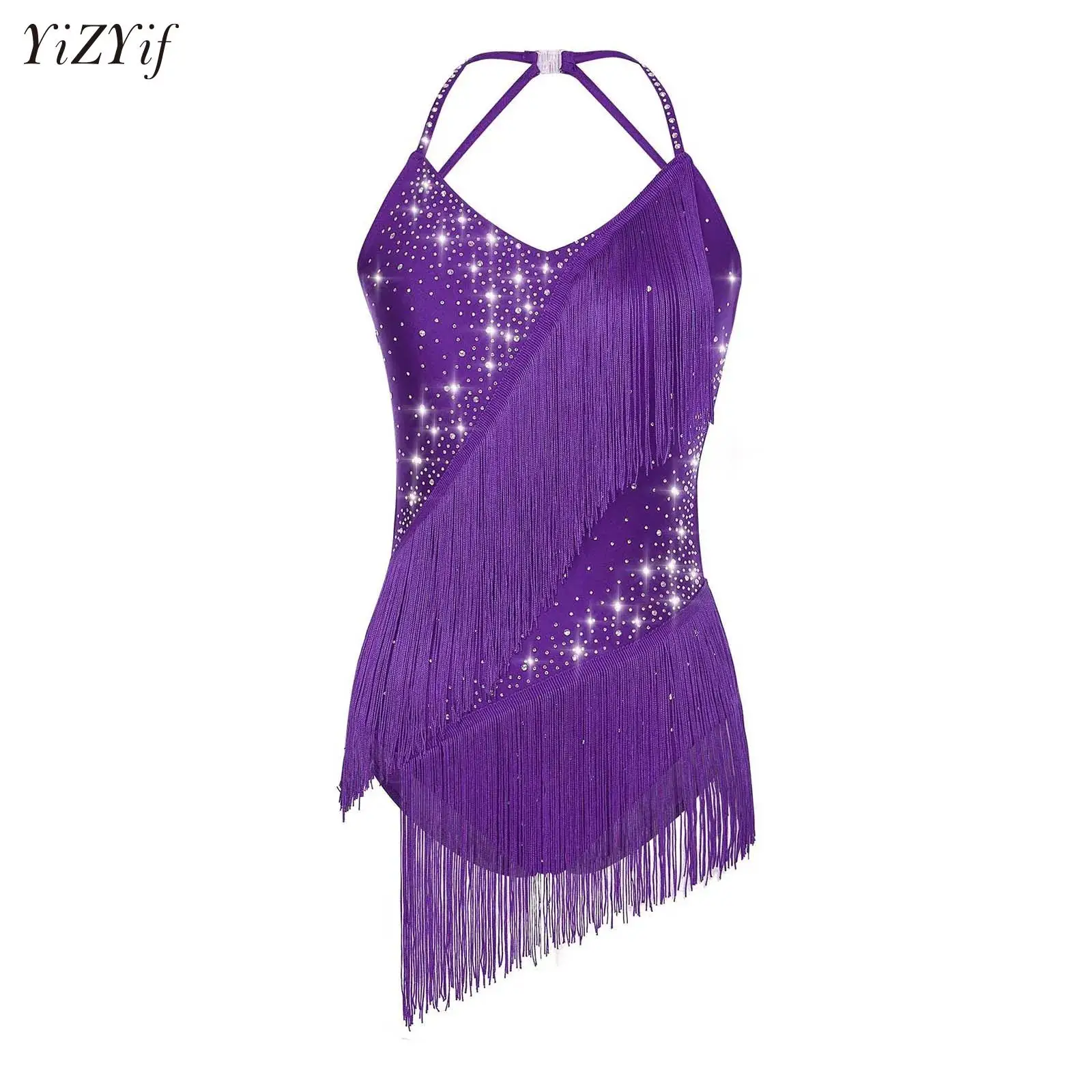 

Women Latin Ballet Dance Leotard Halter Neck Sleeveless Rhinestones Adorned Backless Tassels Leotard for Performance Competition