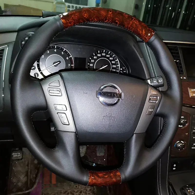 DIY Hand Sewing Car Steering Wheel Cover for Nissan Patrol Y62 2012-2018 Beige Car Genuine Leather Peach Wood Grain Accessories