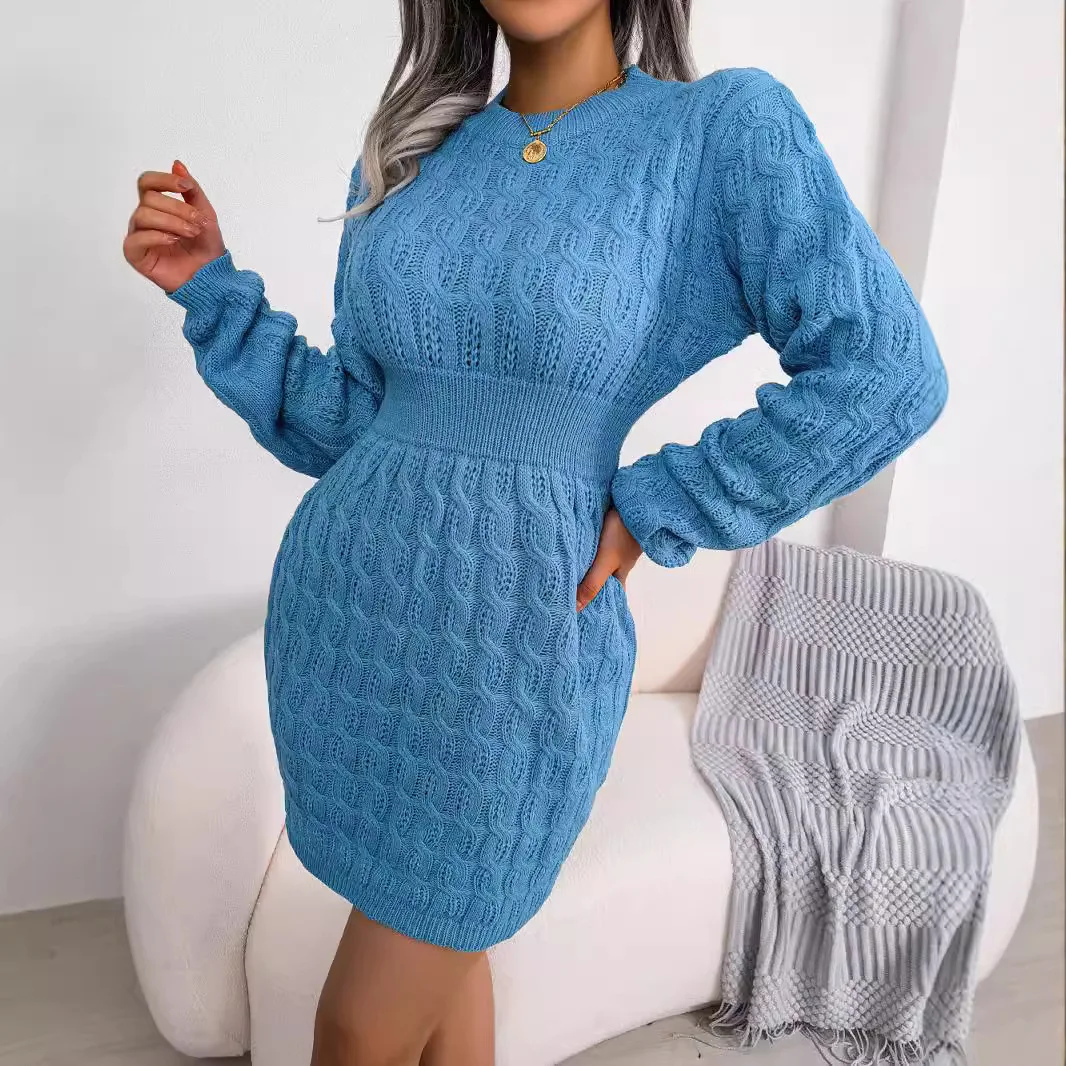 

New Autumn/Winter Women's Dresses Sexy Fashion Solid Color Long Sleeve Round Neck High Waist Casual Slim Ribbed Mini Dress Women