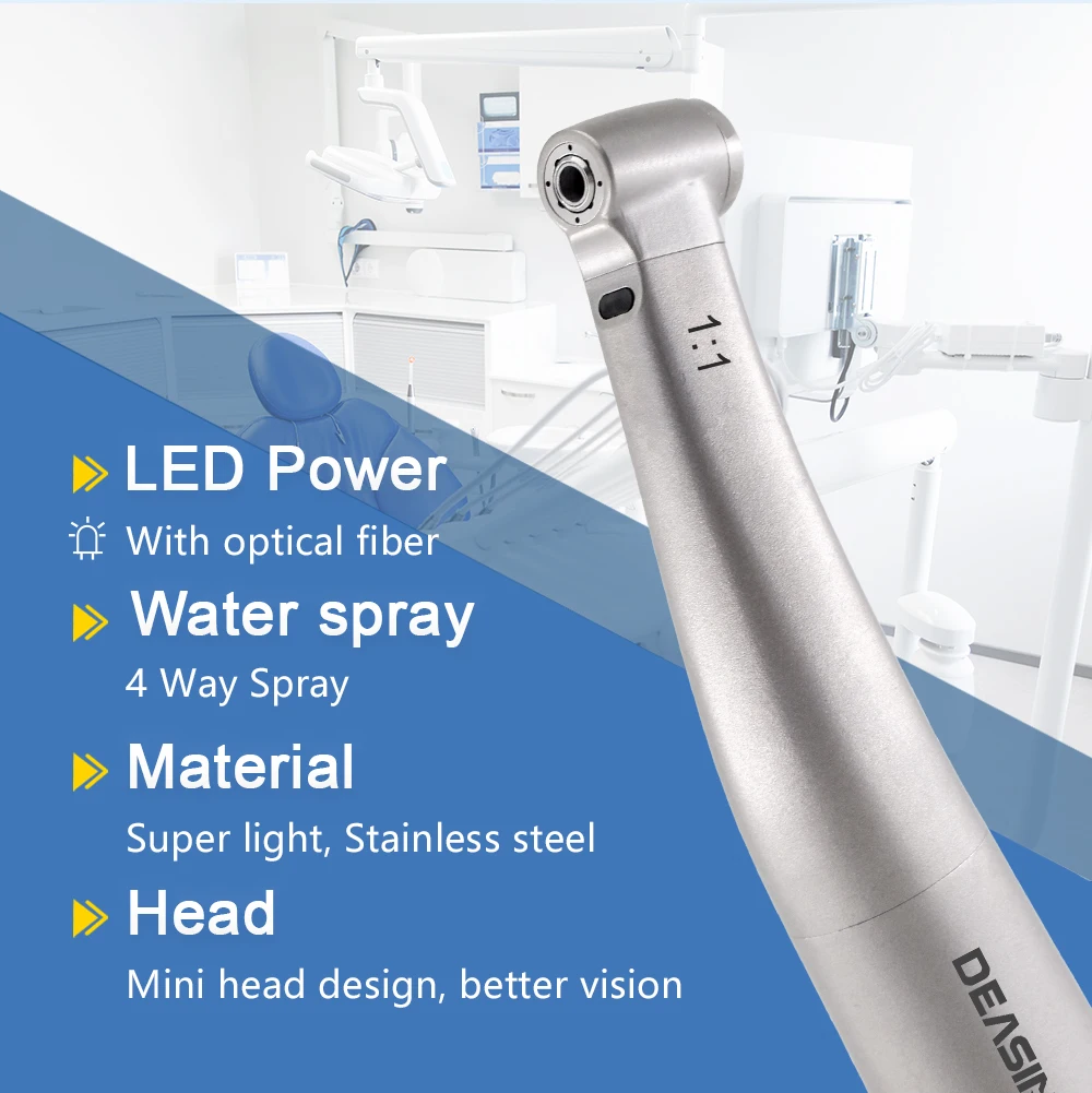 DEASIN Dental Mini Kopf 1:1 LED Fiber Optic Contra Winkel Push Button E-typ Dental Low Speed Handstück Dental ausrüstung – Detail 4