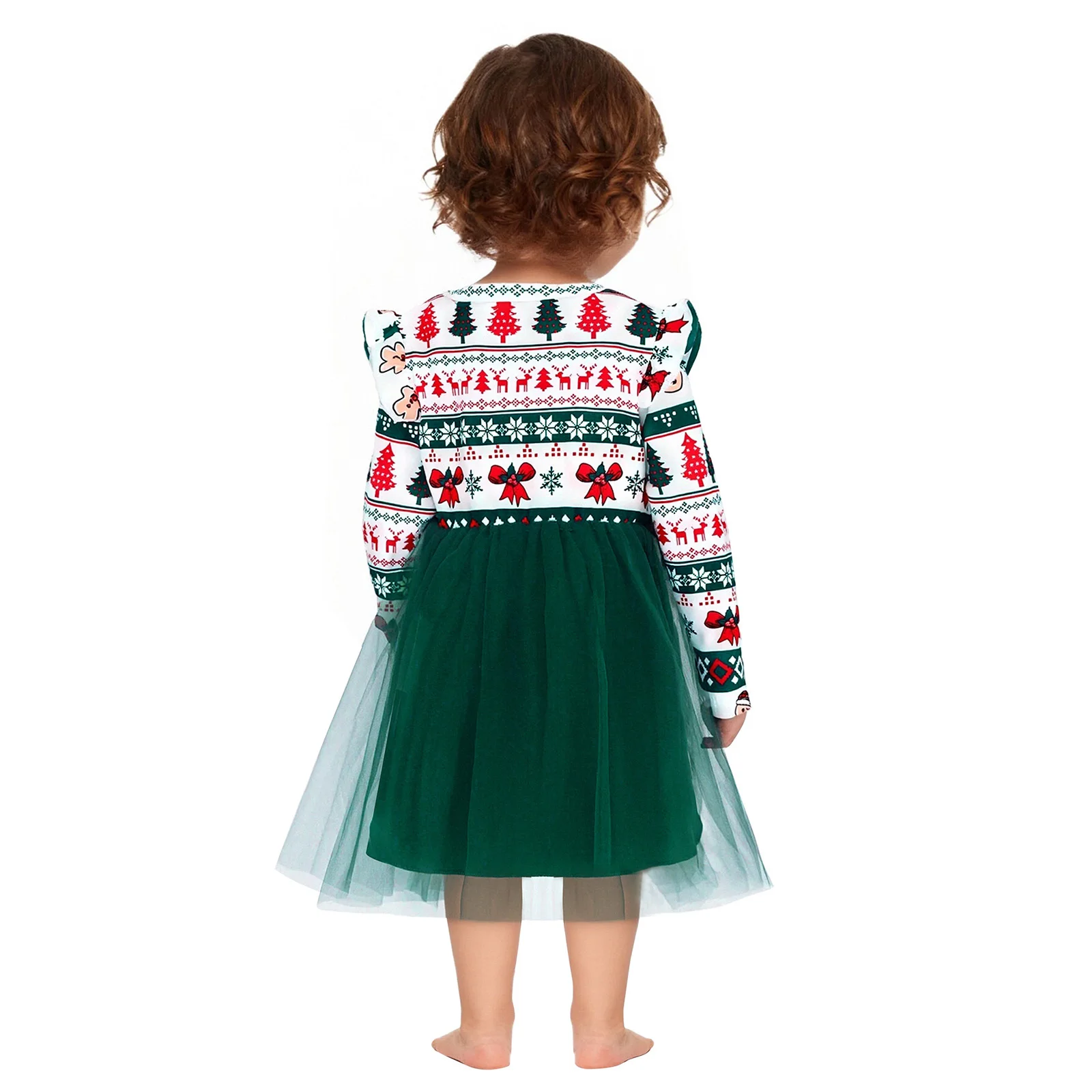 Baby Girls Christmas Princess Dress Cute Pattern Print Long Sleeve Bow Mesh Tutu Ball Gown for Xmas Festival Party Photo Shoot