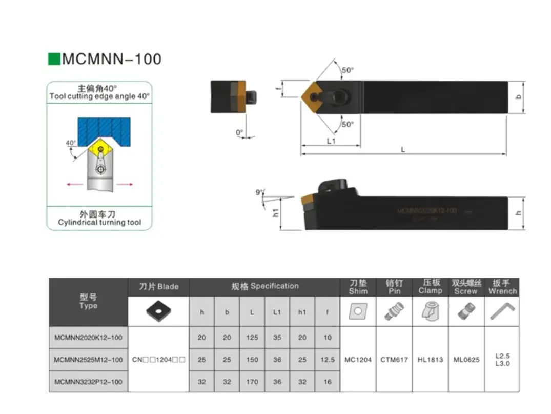 Outils de tour externe CNC, MCMNN1616H12-100 MCMNN2020K12-100 MCMNN2525M12-100 MCMNN3232P12-100 MCMNN2525M16-100 MCMNN3232P16-100