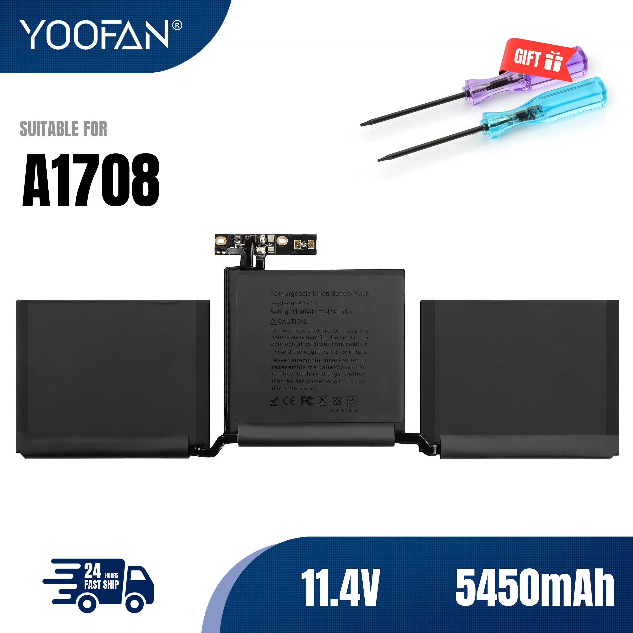 YOOFAN New A1713 Laptop Battery 11.4V 5450mAh Grade A+++ Cells for Apple MacBook Pro 13