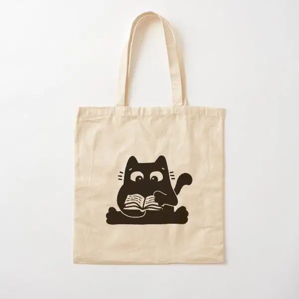 Black Reading Cat Cotton  Canvas Bag Fashion Printed Handbag Reusable Ladies Grocery Designer Foldable Tote Unisex Shopper