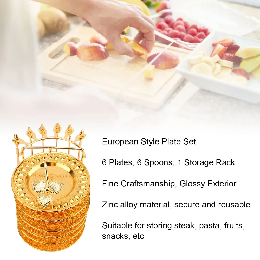 13PCS With Storage Rack Plate Spoon Set European Zinc Alloy Flatware Dinnerware Set Round Gold Coaster With Holder Stand