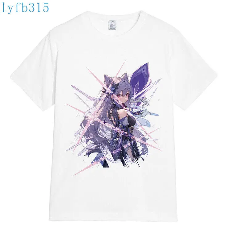 Anime Keqing Genshin Impact T-Shirts Men Women White Short Sleeve Tops TEE #12