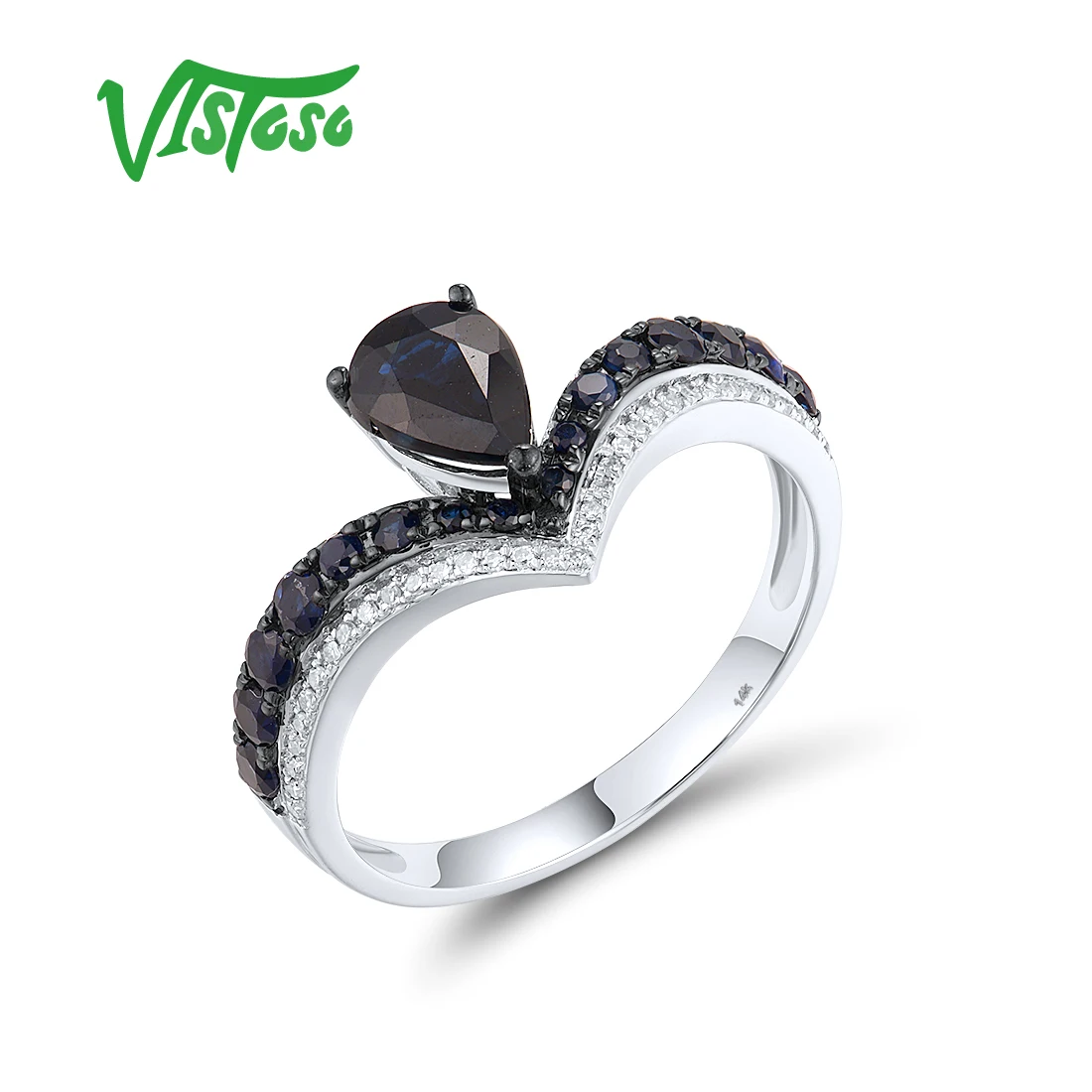 

VISTOSO Authentic 14K 585 White Ring For Women Sparkling Diamond Blue Sapphire Wedding Anniversary Party Chic Fine Jewelry