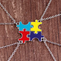 BFF 4 Pcs Puzzle Pendant Necklace Set Aqua Blue Yellow Red Enamel Choker Chain For Girls Bestie Best Friends Friendship Gift
