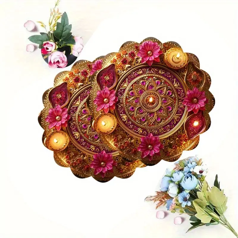 VIKAMA Hindu Diwali Festival Round Place Mats Golden Diya Lamp Mandala Flower Pattern Table Placemats for Home Party Decor