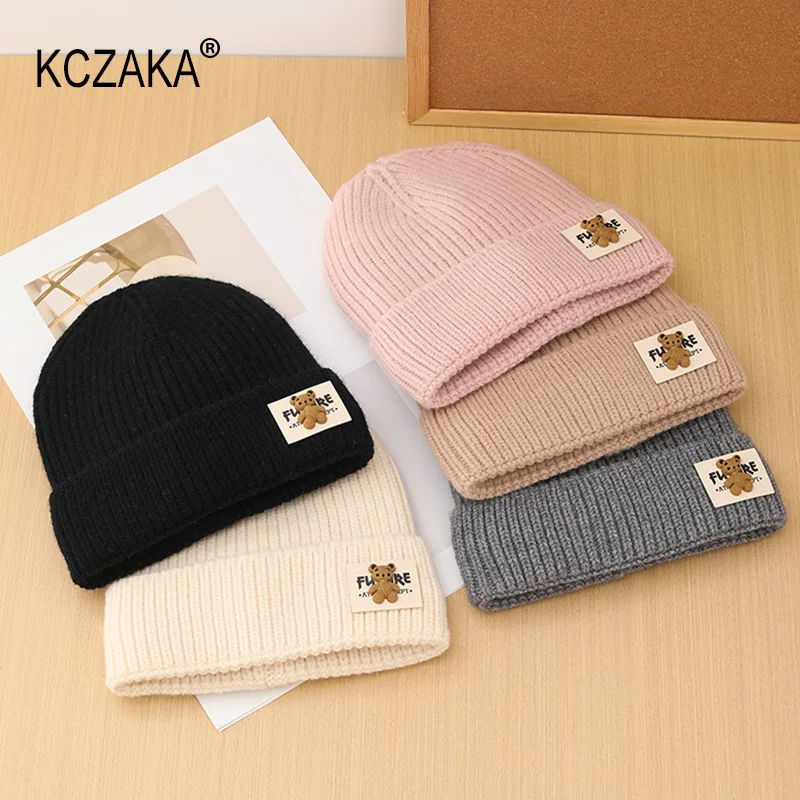 KCZAKA Autumn Winter Bear Cute Knitted Beanies Unisex Casual Warm Solid Slouchy Beanie Hat Ladies Double Layer Snow Skiing Hats