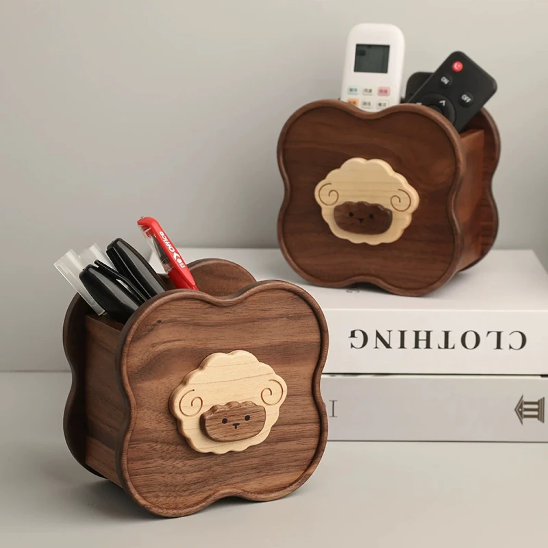 Black Walnut Little Sheep Pen Holder Solid Wood Cute Makeup Brush Stand Creative Home Animal Desk Decor Unique Gift for Office