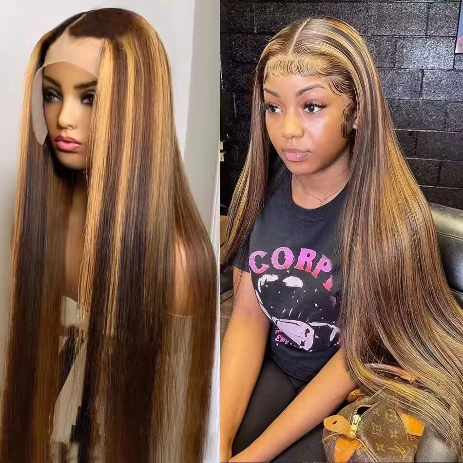 

4/27 Highlight Wig Human Hair Honey Blonde Colored Straight 360 HD Frontal Human Hair Wig For Women Brazilian PrePlucked Hair