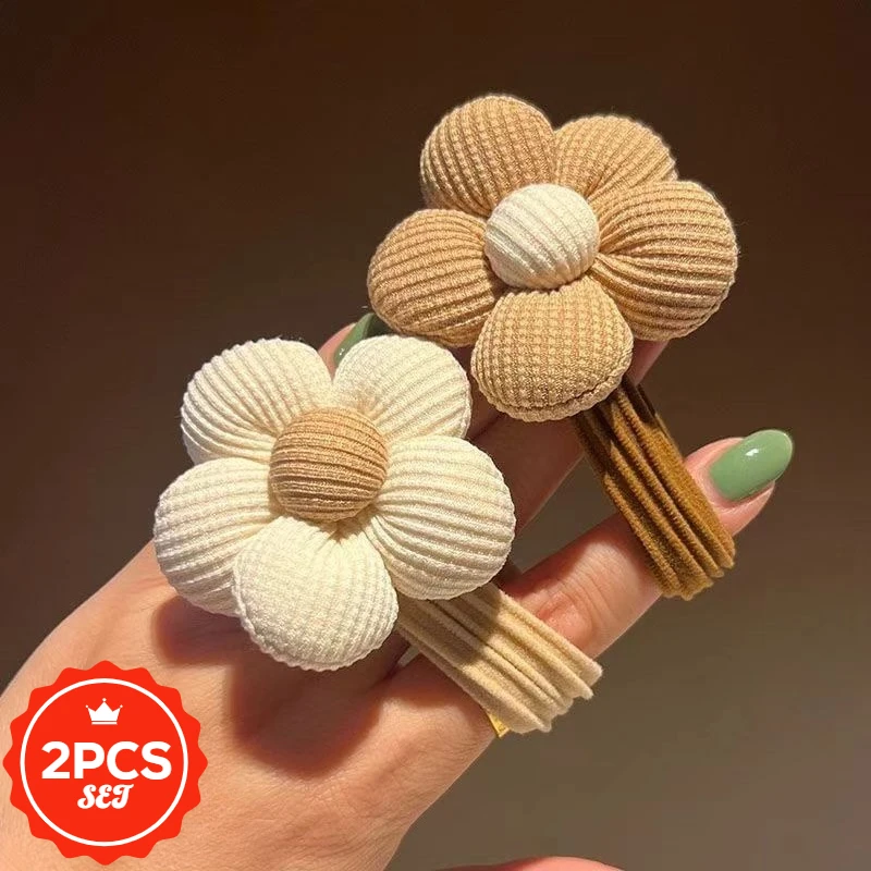 

2Pcs/set New Fashionable Hair Tie Milk Coffee Colored Flower Headband For Women Hair Elastic Hair Loop Rubber Band
