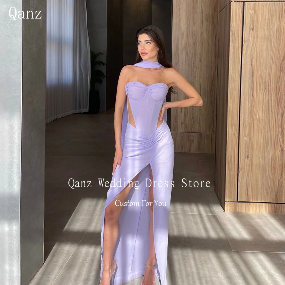 Qanz Lilac Sexy Evening Dresses Strapless Customized High Slit Prom Dress Lace Up Back Vestido De Festas Elegante Casamento 2025