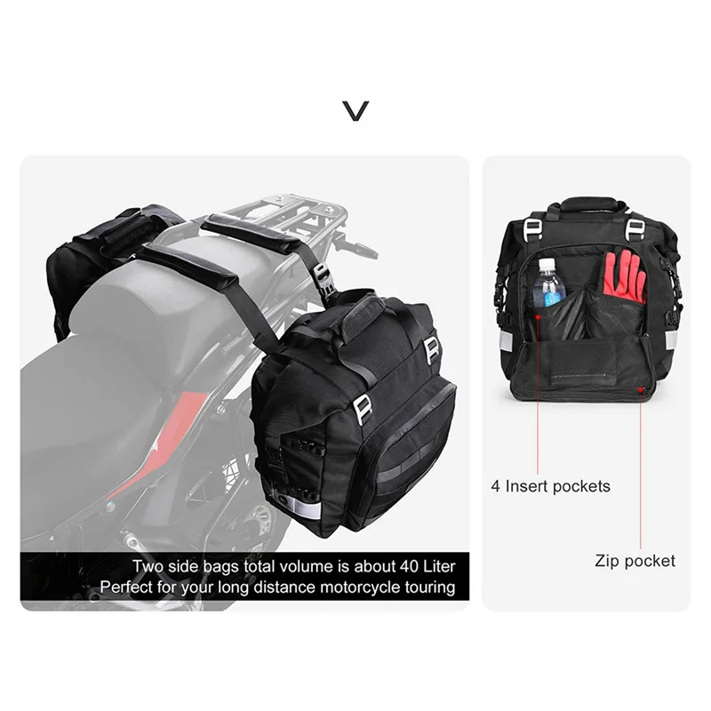 Rhinowalk Motorcycle Bag 20L Universal Side Saddle Bag with Removable Waterproof Inner Bag Outdoor Motorbike Luggage Black