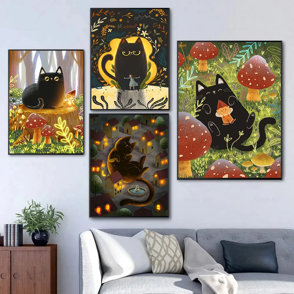 Funny Black Cat Starry Sky Cartoon Illustration Abstract Posters Prints Canvas Painting Wall Art Picture Living Room Home Decor