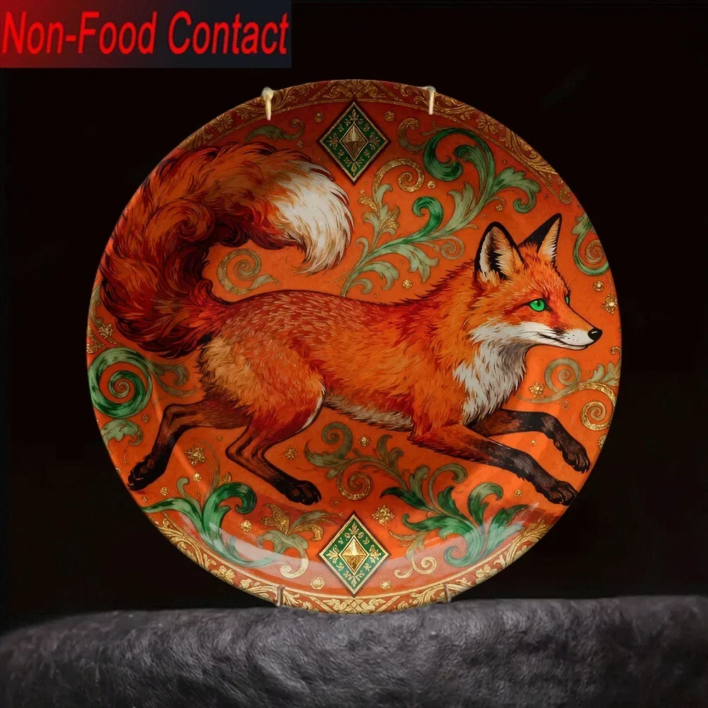 2D Flat, 1pc Hand-Painted Ceramic Fox Decorative Plate - Vibrant Orange & Green Artistic Design, Non-Food Contact, Perfect for