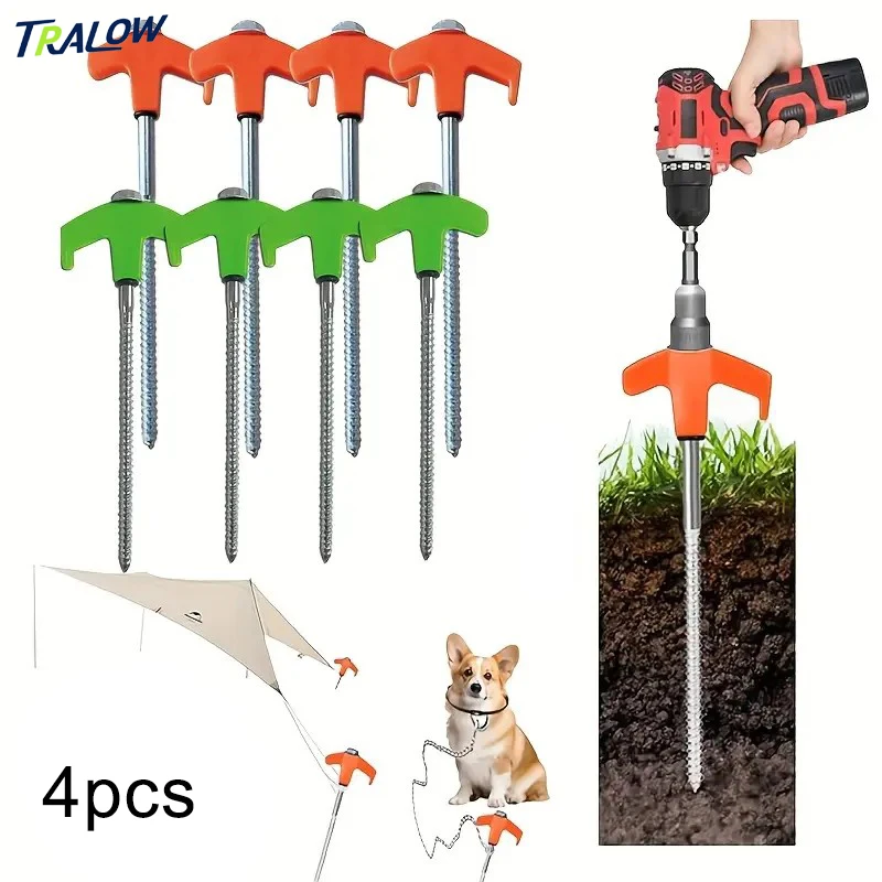 

TRALOW 4PCS Hexagonal Spiral Tent Stake With Plastic T - Shaped Handle Ground Nail Tent Luminous spiral Grass Sand Pet Use