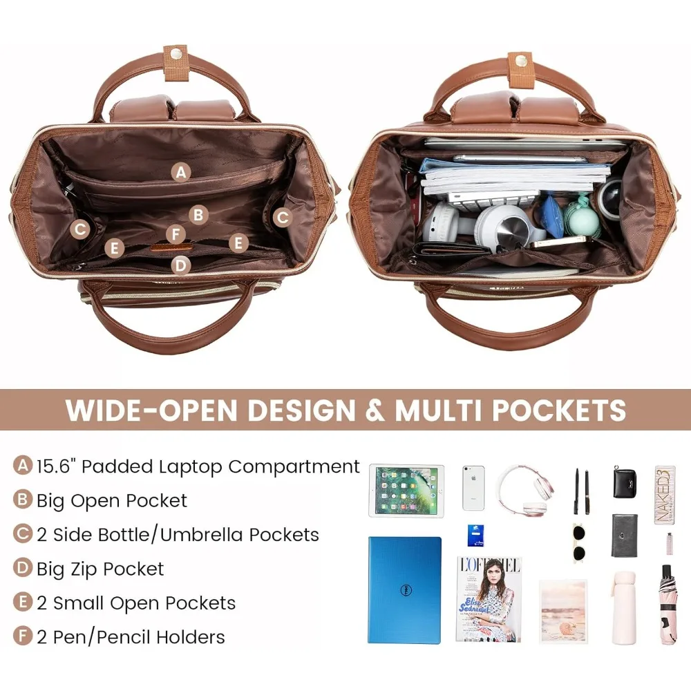 

Leather Laptop Backpack for Women with USB Port - 17in, Travel Purse