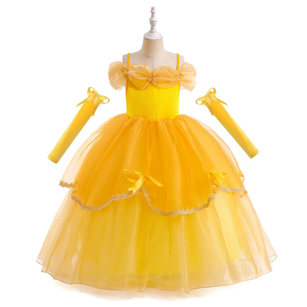 Fashion Yellow Princess Dress for Girls Sleeveless Lace Mesh Children Evening Dresses Summer Girls Party Dress 3-10 Years