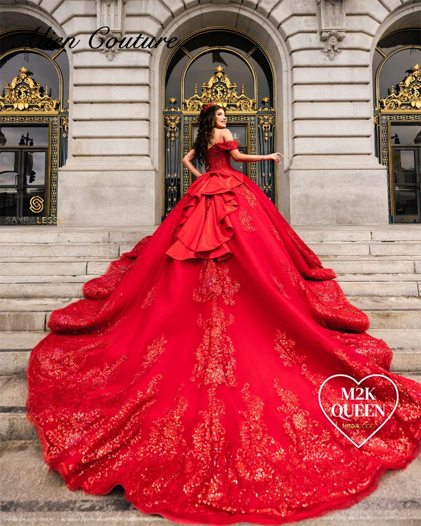 

Magnificent Red Quinceanera Dress Ball Gown Sequins Appliques Wedding Dress Sweet 16 Dress Tulle Birthday Party Gown Customized