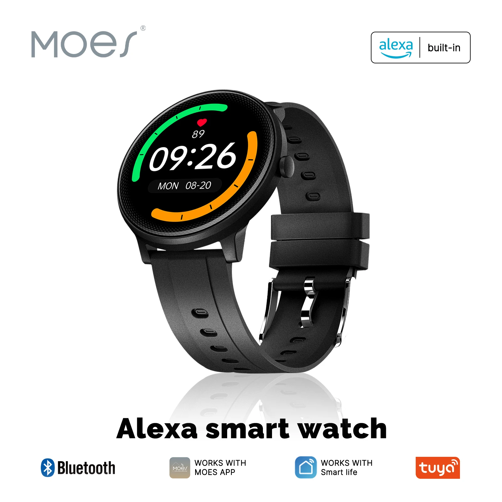 

MOES Smart Watch Alexa Built-in Fitness Tracker Heart Rate and Blood Oxygen Monitor, IP68 Waterproof 1.28-inch Color Touchscreen