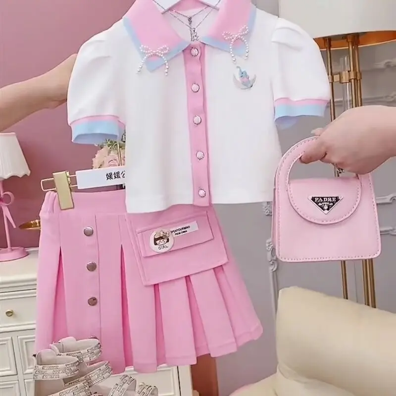 

Summer Girls Skirts Suit Sleeveless Casual T-shirt Tops Pleated Mini Skirts Two Pieces Set Girls Outfits New