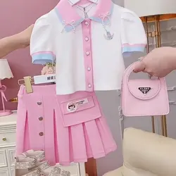 Summer Girls Skirts Suit Sleeveless Casual T-shirt Tops Pleated Mini Skirts Two Pieces Set Girls Outfits New