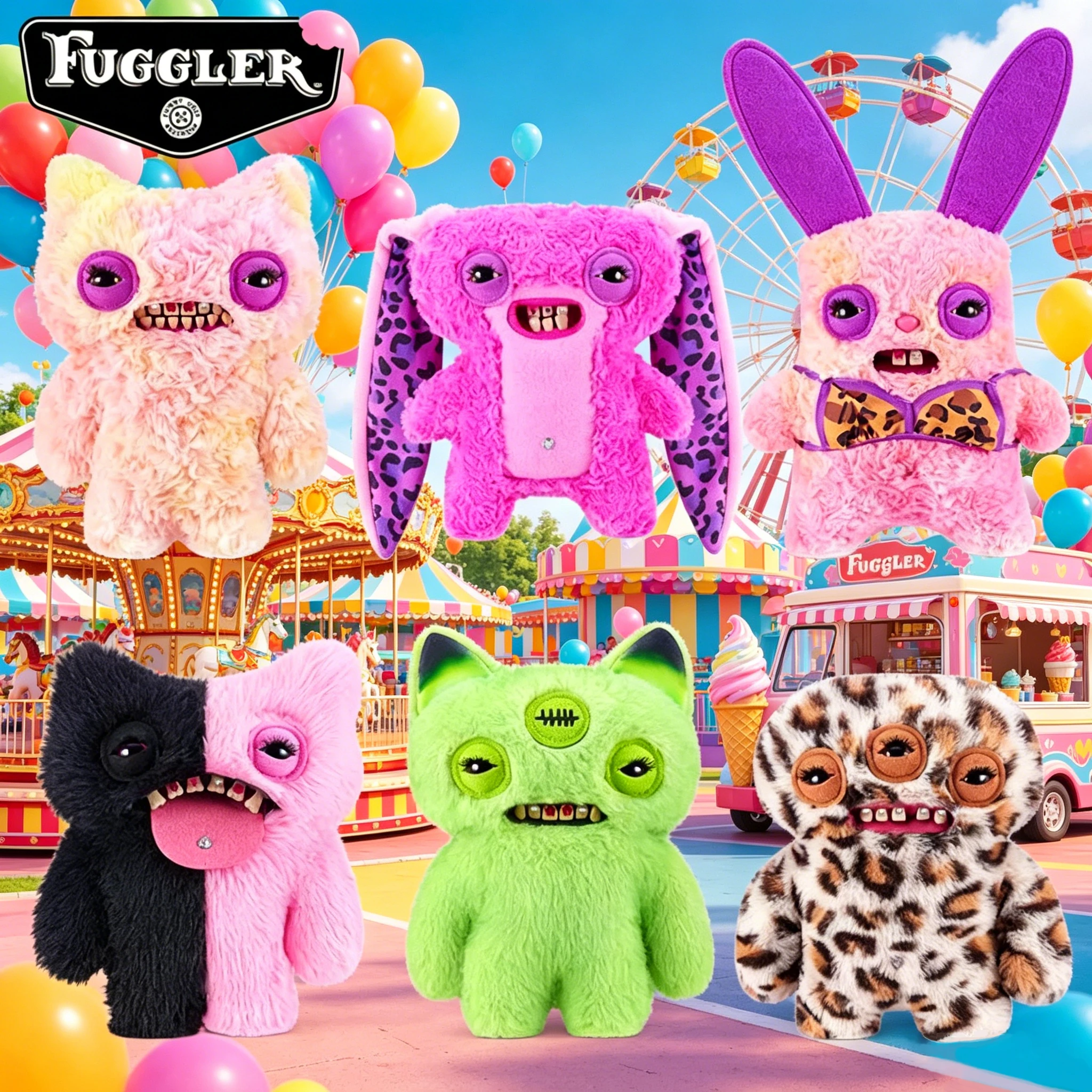 Original Fuggler Baddies Fuggs Peluche Lapin Amusant Monstre Étrange et Moche Poupée aux Yeux Élargis Personnage Étrange Chat à Imprimé Léopard Cadeaux de Collection