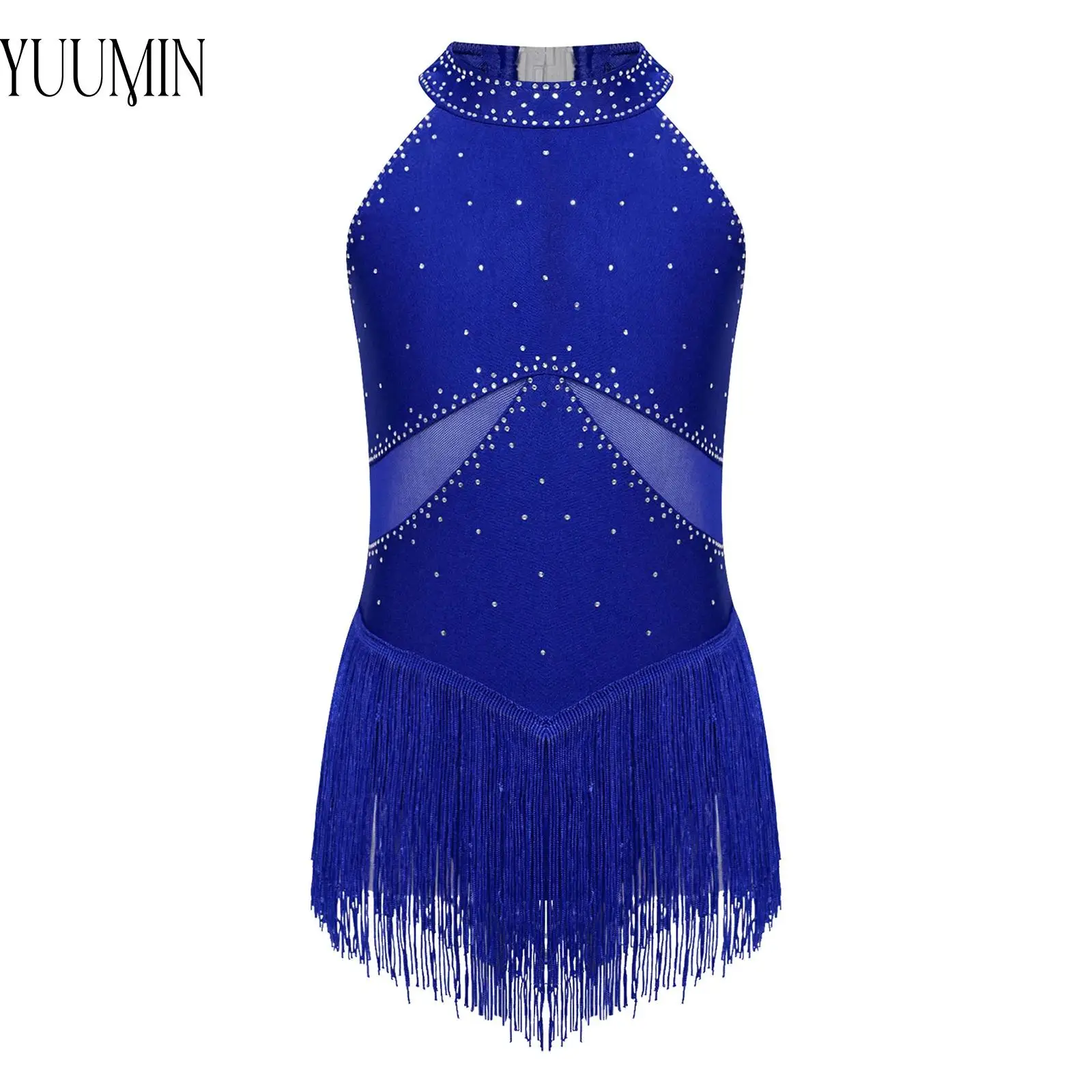 

Kids Girls Rhinestones Latin Jazz Ballet Modern Dance Dress Leotard Sheer Mesh Bodysuit Dance Performance Figure Skating Costume