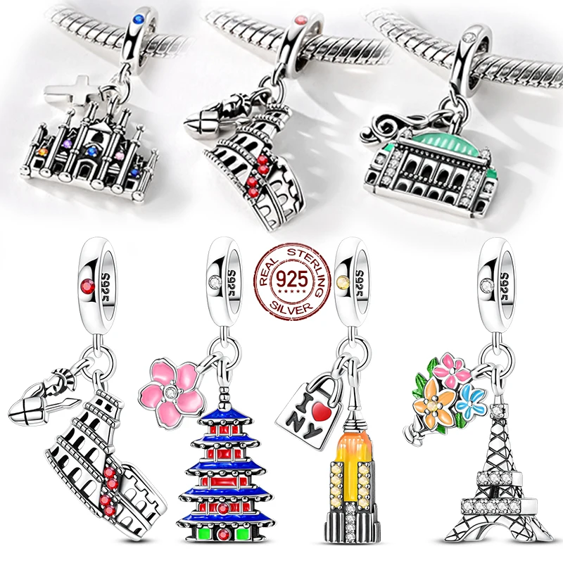 New 925 Sterling Silver Eiffel Tower Charm Bead Vienna Opera Colosseum Tokyo Pendant Fit Original Bracelet DIY For Women Jewelry