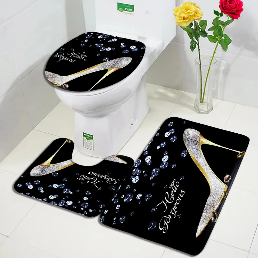 Silver High Heel Bath Mat Set Hello Gorgeous Fashion Girls Home Floor Carpet Black Bathroom Decor Non-Slip Rugs Toilet Lid Cover