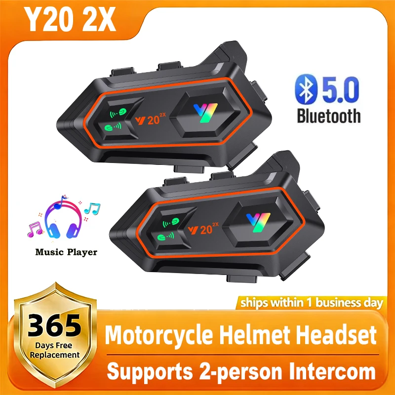 Y20 2X Motorcycle Helmet Bluetooth Headset 2-Riders Intercom 1000mAh IPX6 Waterproof BT5.0 Voice Assistant MP3 Player RGB Light