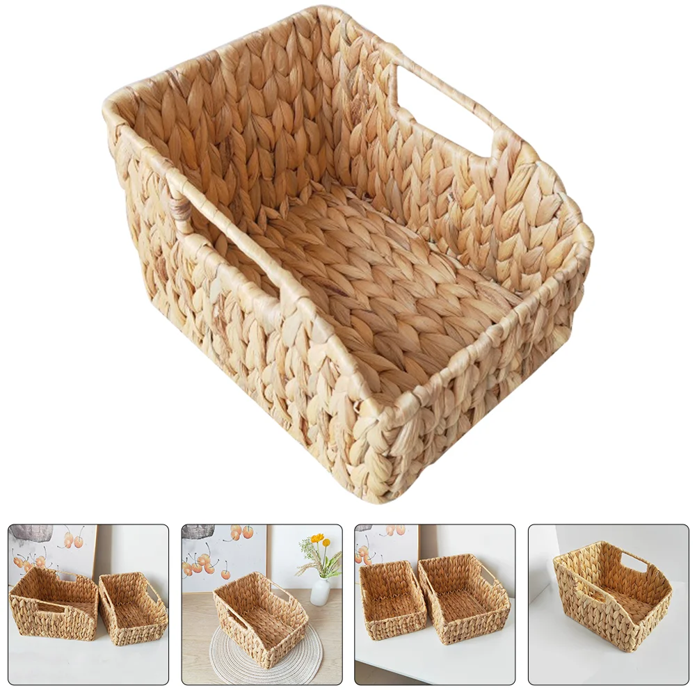 Large Seagrass Wicker Storage Basket Handles Magazine Rectangle Basket Bathroom Organizer Retro Woven Makeup