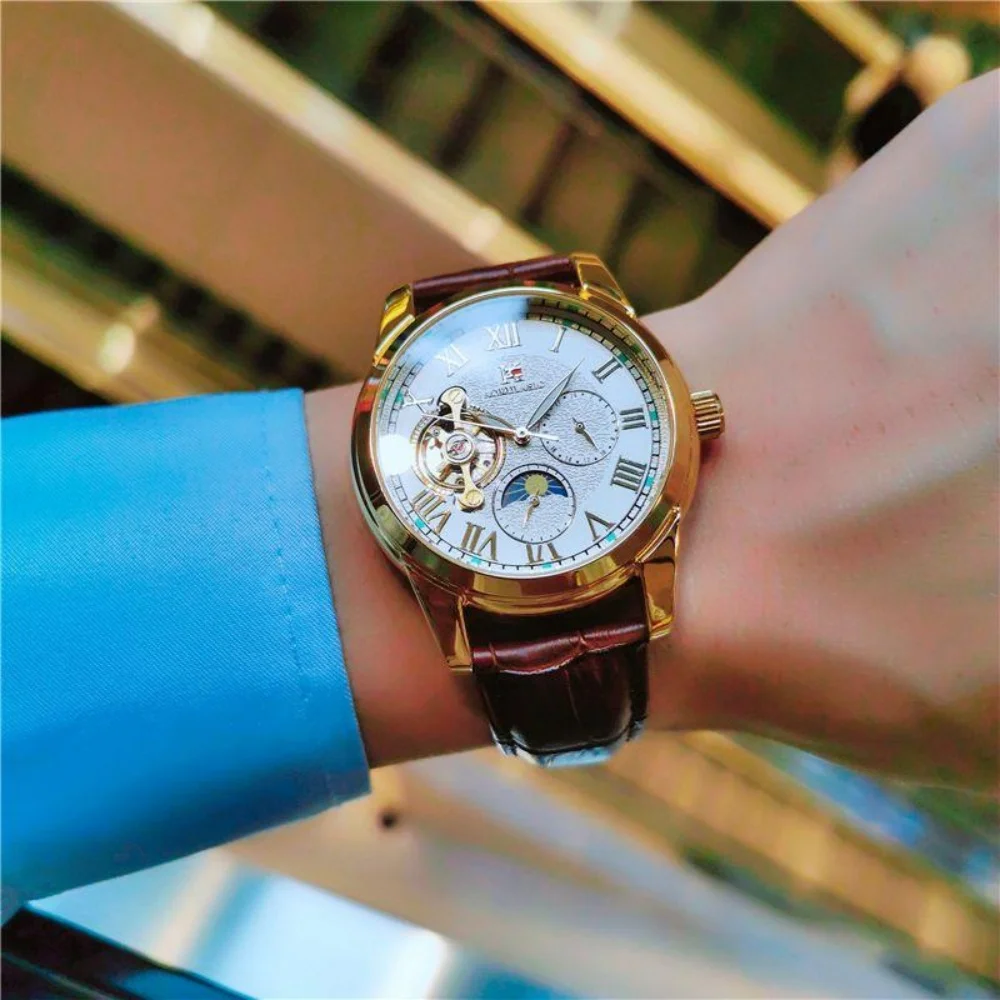 

Automatic Mechanical Watch for Men, High-End Fashion Business Casual Men's Watch, European and American Style High-End Light Luxury Watch for Men, Stylish Moon Phase Luminous Waterproof Trendy Simple Classic Mechanical Watch with Skeleton Design