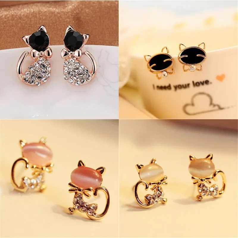 Crystal Cat Earrings Fashion Cute Rabbit Ears Earrings Leaf Metal Personality Stud Earrings For Women Girls Gift