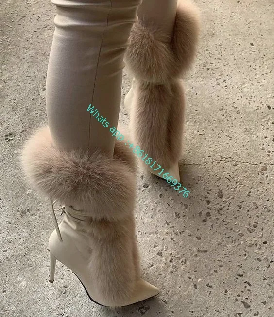 Fashion Classy Furry Street Mid-calf Boots Women Fluf Pointy Toe Stiletto Heel Leather Boots Lady Party Shoes zapatillas mujer