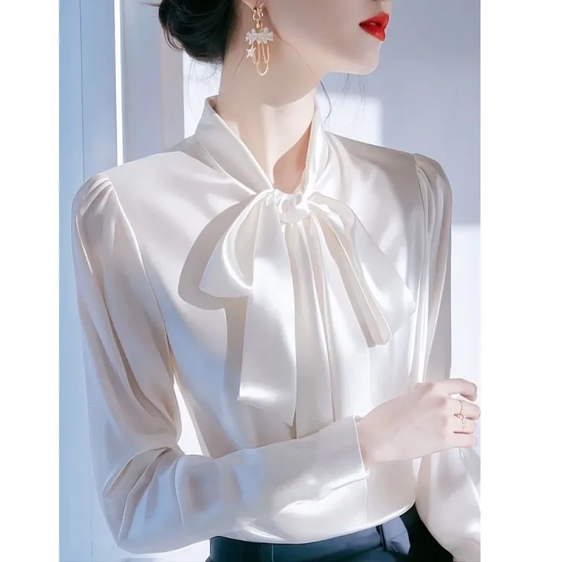 French Bow Tie Tied White Satin Shirt for Women in Early Spring 2025, New High-end Long Sleeved Professional Shirt