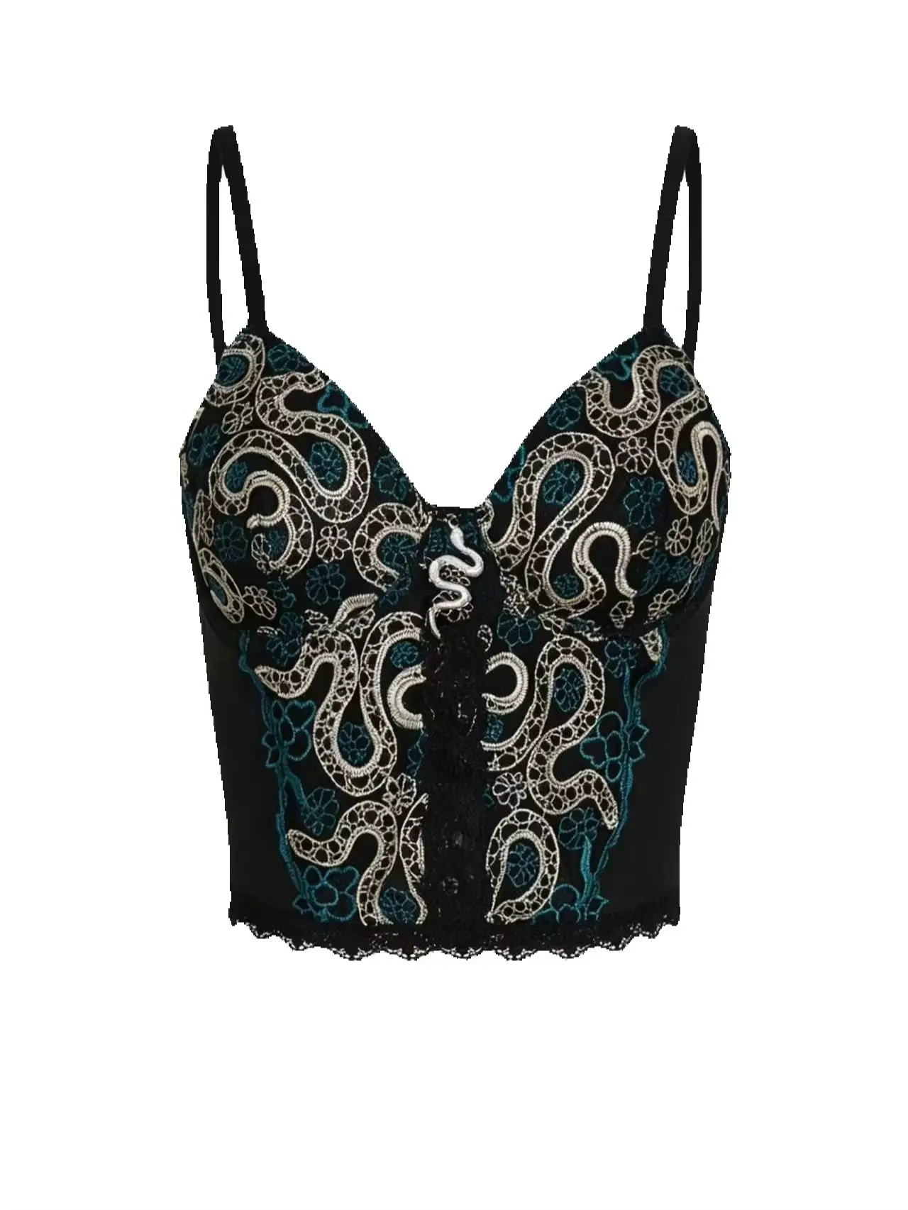 Gothic Snake Embroidery Corset Top for Women Y2K Aesthetic V Neck Lace Trim Crop Top Streetwear Party Clubwear Sexy Camisole