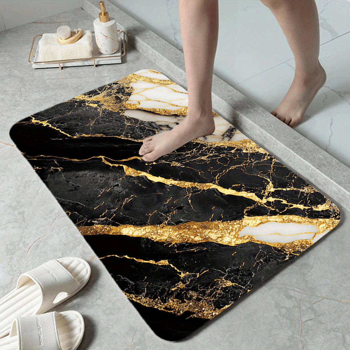 1pc, 2D Flat Black Gold Marble Luxury Flannel Bath Mat Non Slip Modern Shower Rug for Bathroom Toilet Floor Decor