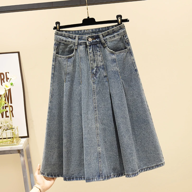 

Женская джинсовая юбка с высокой талией, летняя плиссированная юбка трапециевидной формы, женская повседневная джинсовая юбка средней длины с запахом бедра, женская универсальная юбка